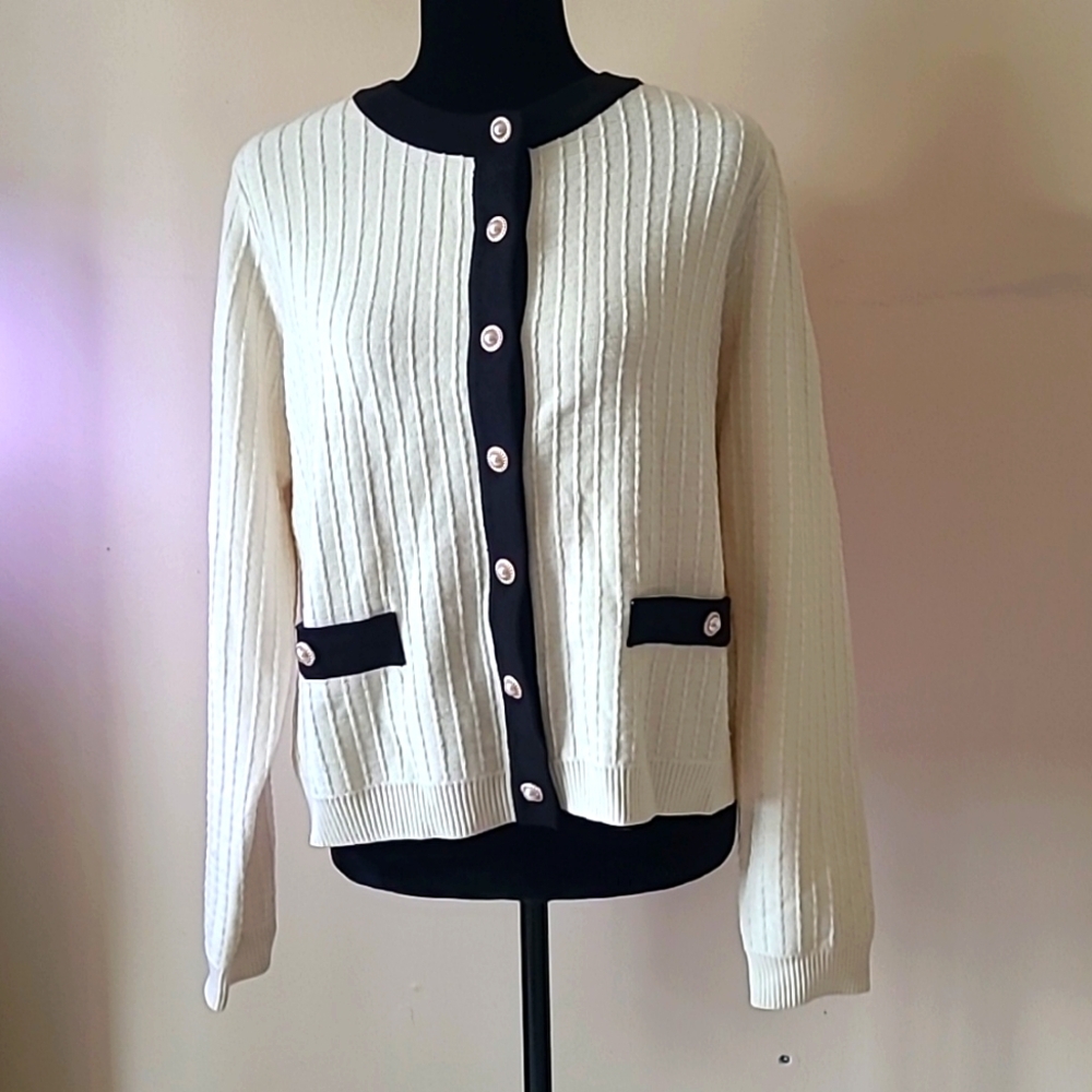 Adrianna Papell Beige Black Contrasting Trim Cardigan Size Large